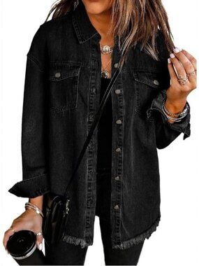 Womens Deep Black Oversized Drop Shoulder Button Up Frayed Hem Denim Jean Jacket